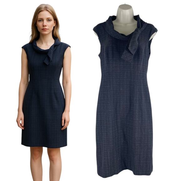 Classiques Entier Check Sheath Dress Bow Neck Gray Brown Size 6 - Picture 2 of 9